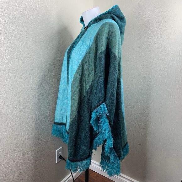 Alpaca Cotton Poncho Sweater Blue Stripe Button Hooded Sz OS Soft Cozy - Picture 6 of 10